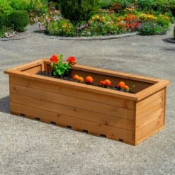 Woodside Reedham Stained Wooden Garden Trough Planter/Flower Trough Box, 95 Litres