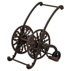 Woodside Cast Iron Garden Water Hose Reel With Wind Up Handle & Wheels, 30m Hose Capacity