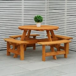 Maribelle 8 Seater Round Wooden Garden/Pub Bench - STAINED 8 Maribelle 8 Seater Round Wooden Garden/Pub Bench - STAINED -Serene Spaces SJ15151F0OZ