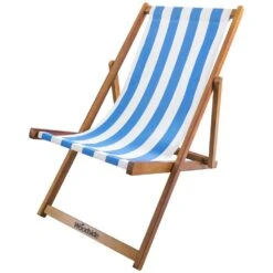 Woodside Traditional Folding Beach/Garden Wooden Deck Chair Seaside Lounger, Light Blue/White -Serene Spaces TJDULQ33S5H